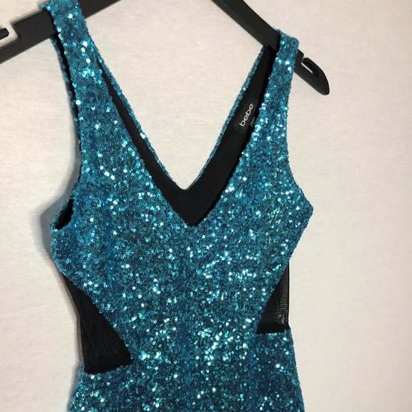 BEBE Turquoise Blue Sequin Dress with Mesh Side Detailing - Picture 4 of 7